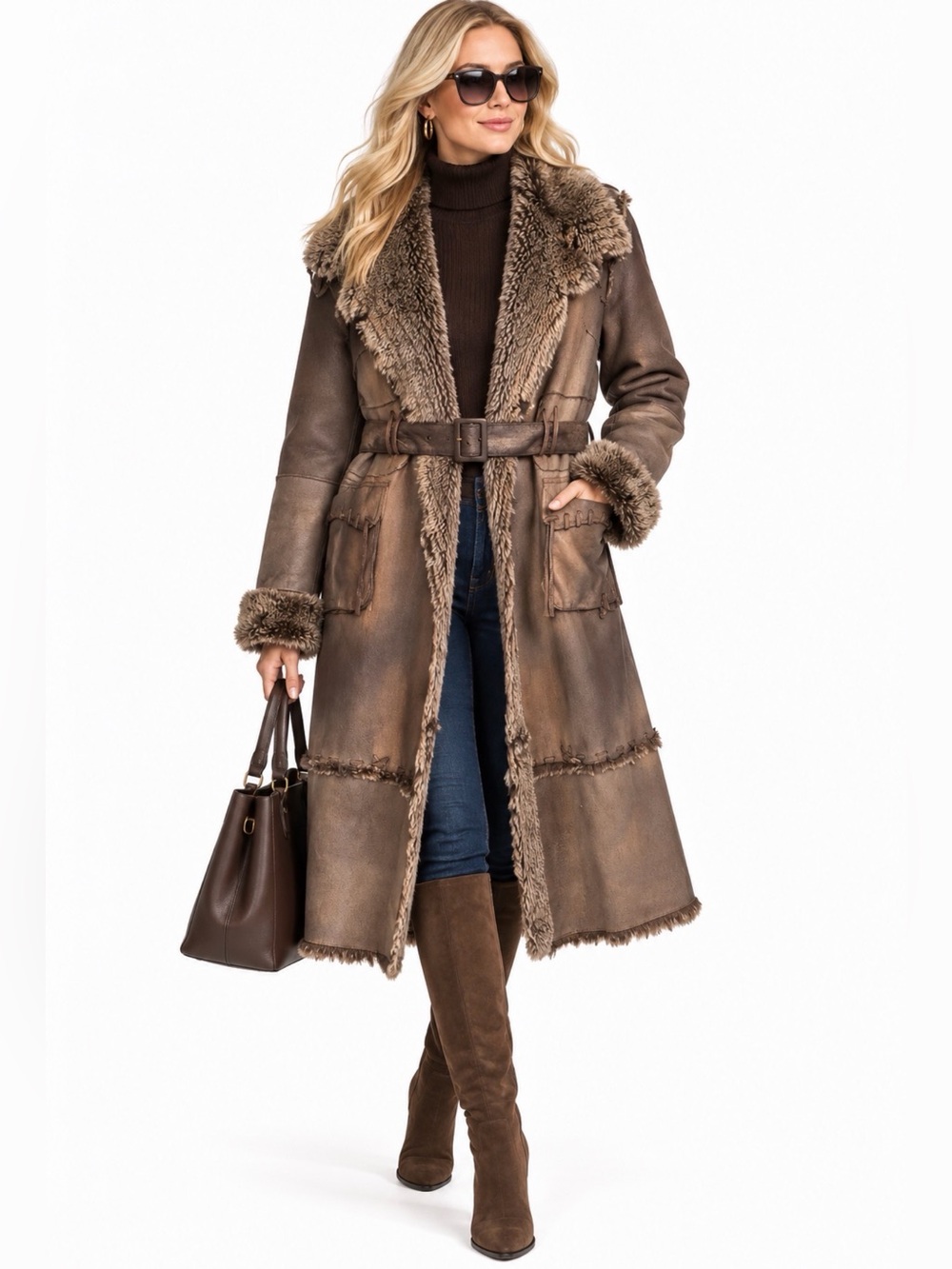 Donna Salyers' Fabulous Furs faux suede and faux brown shearling maxi coat M